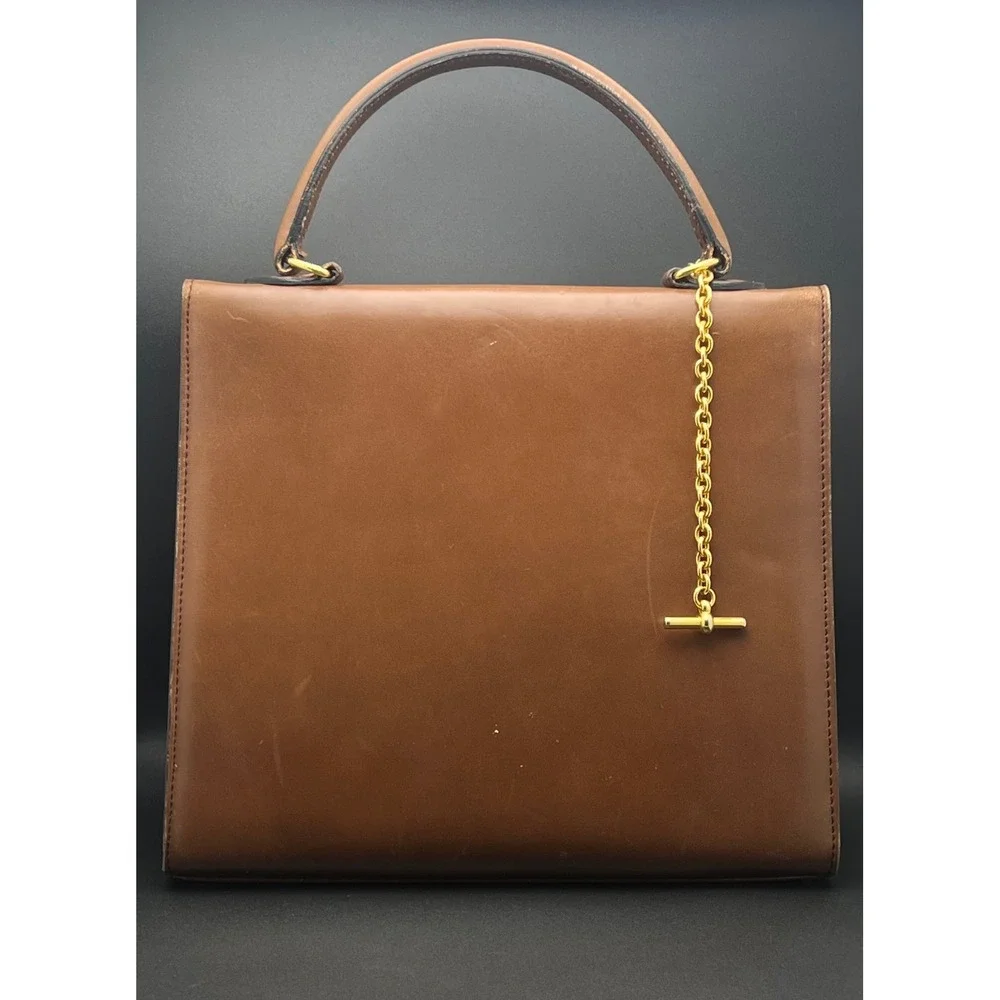 Celine Vintage Tan Leather Top Handle Bag Gold Hardware Made in France Brown